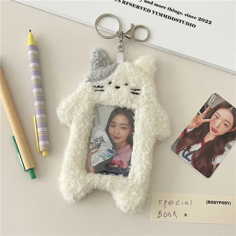 ID Card Holder Keychains kawaii Cartoon Plush Photocard Holder Korean Desk Accessories Kpop Stationery Idol Display Stand
