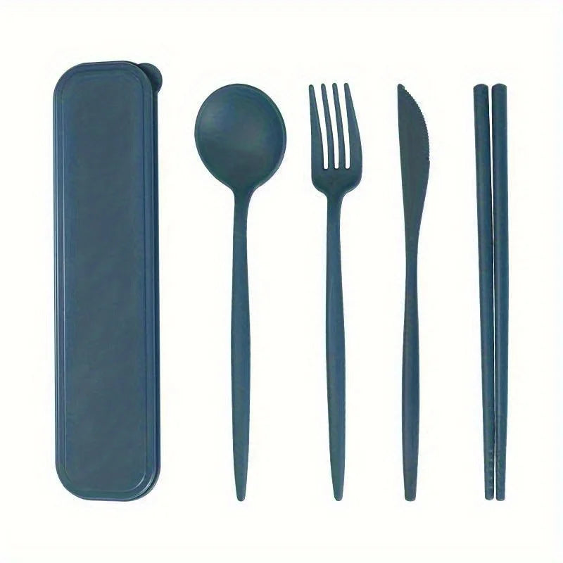 4PCS/Set Wheat Straw Tableware Box Spoon Fork Chopsticks Cutlery Dinnerware Children Adult Travel Portable Kitchen Accessories