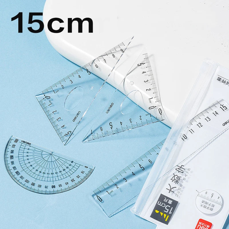 Deli 4Pcs Student Ruler Set Transparent Plastic Straight Ruler Triangle Protractor for Kids School Office Home Supplies