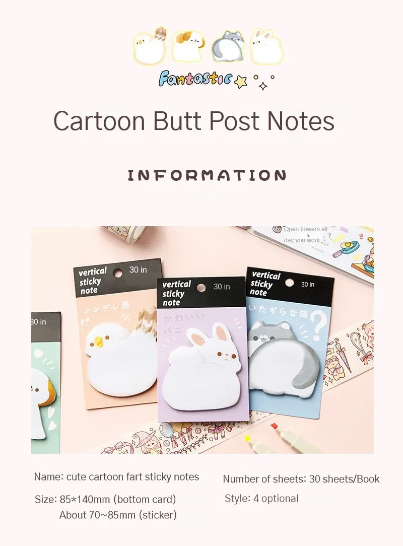Cute Cartoon Animal Ass Sticky Notes 30Sheets Rabbit Dog Cat Bird Hip Memo Pad Notepads Thick Paper School Office Stationery