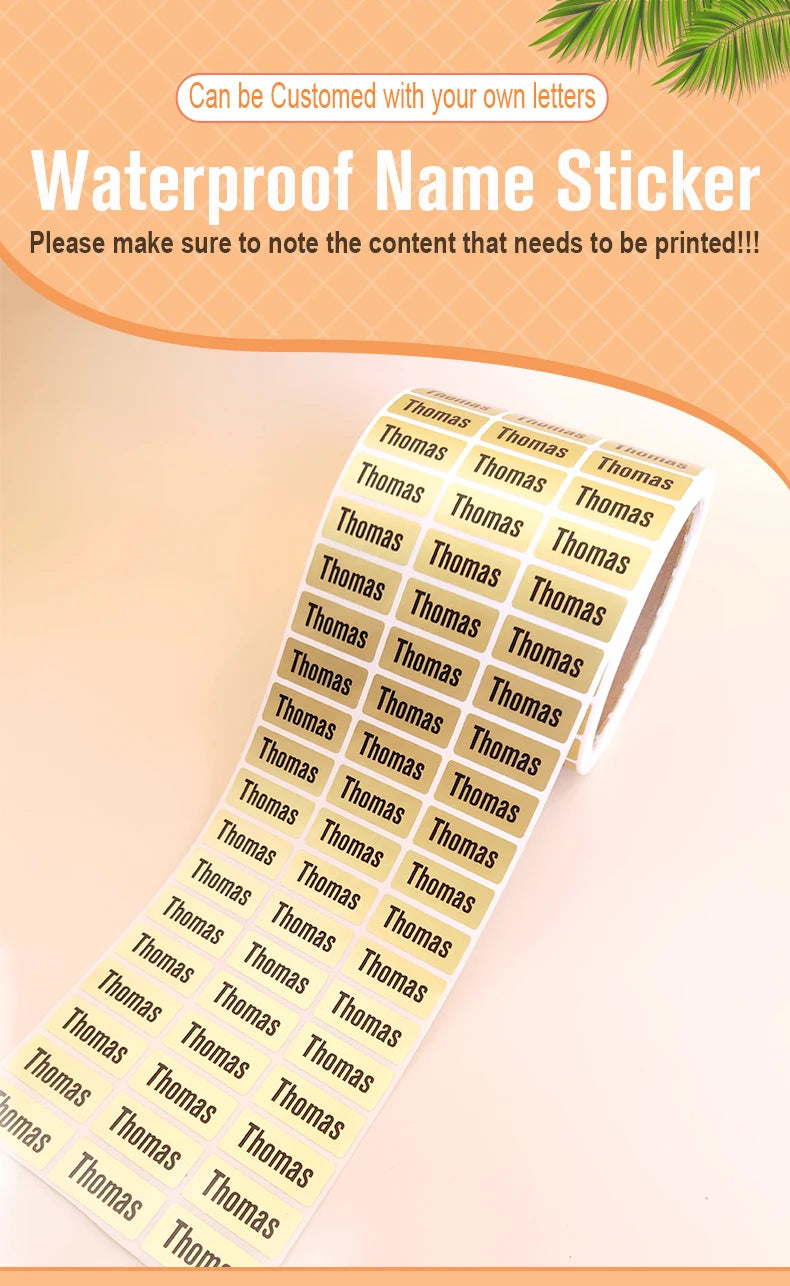 200pcs Personlized First Name Sticker Custom Gold Waterproof Kawaii Decals Tag for Children School Stationery Bottle Label