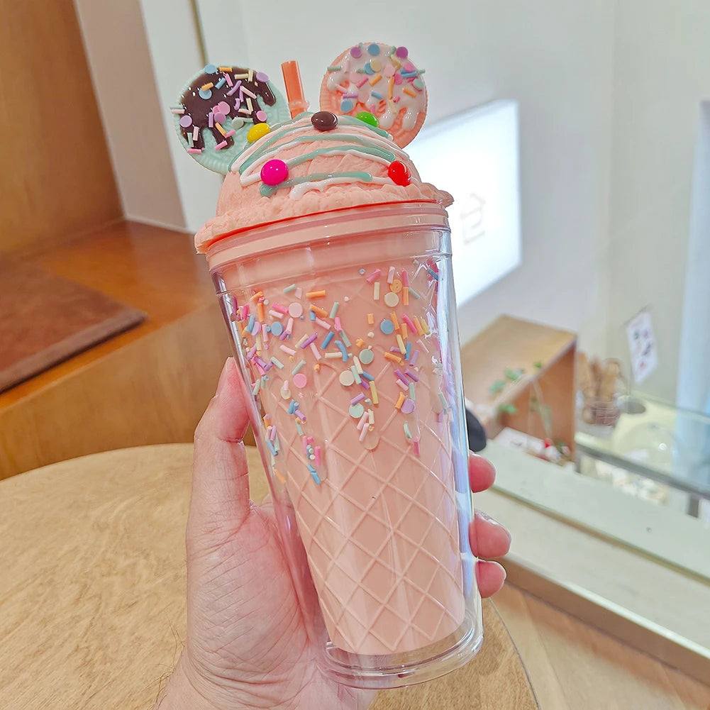 450ml Fashion Cartoon Ice Cream Straw Cup Adorable Plastic Bear Drinking Cup With Lid Milk Tea Cup For Women Girls Outdoor Home