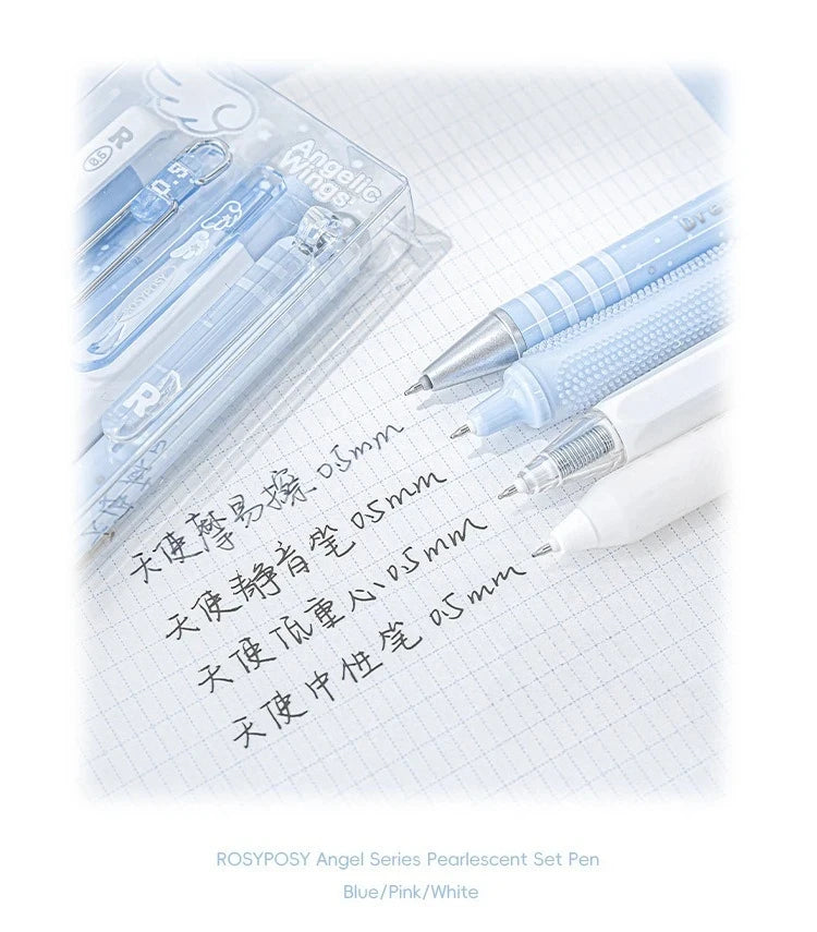 4pcs/set Pearl Angel Gel Pen Set Cute Exam Pens with Wing Design Kawaii Cartoon 0.5mm Black Ink for Kids Back To School Student