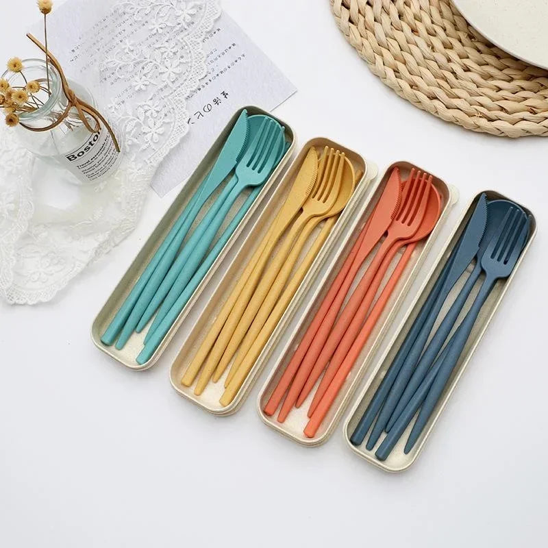 4 Pcs/Set Cutlery Wheat Straw Spoon Fork Chopsticks Box Tableware Portable Dinnerware Accessories Household Fashion Tableware