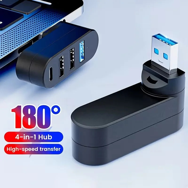 4-Port USB 3.0 Hub [90°, 180° Rotatable], USB Splitter, 3 USB Ports and 1 USB C Power/Data Port, USB Extender for Laptops, Cars,