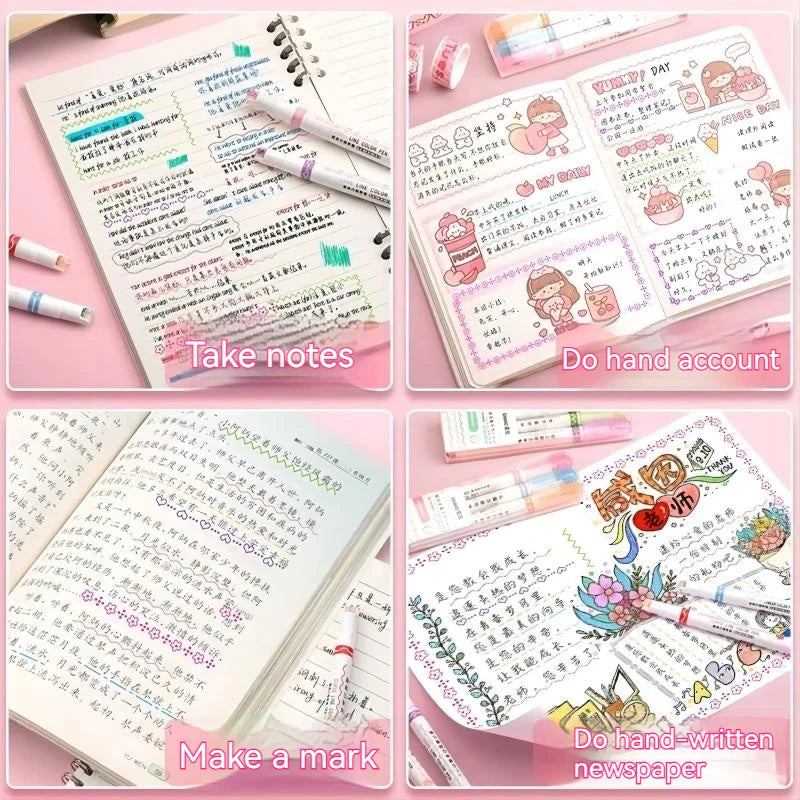 Kawaii Flowers Line Shaped Highlighter Pens, Roller Tip, Curve Liner, Marker for Writing, Journaling,Drawing Stationery, 6Pc Set