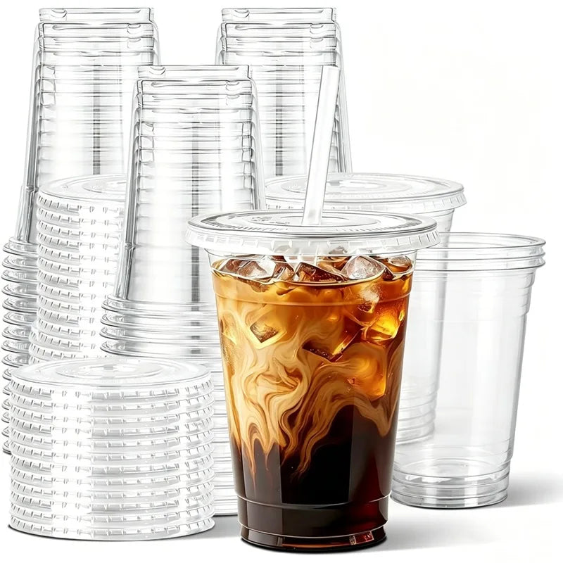 50pcs/set 12/16OZ Sturdy Ice Coffee Cup with Lid Smoothie Milkshake Cold Drink Plastic Cup Disposable Cup Holiday Party Supplies