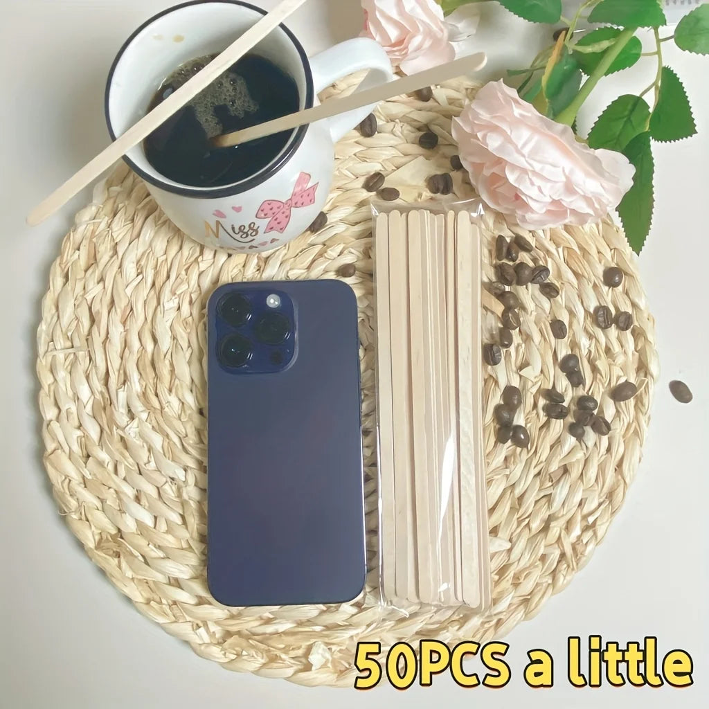 50pcs Wooden Coffee Stir Sticks - High-quality Disposable Beverage Stirrers, Suitable for Coffee, Tea, and Cocktails.