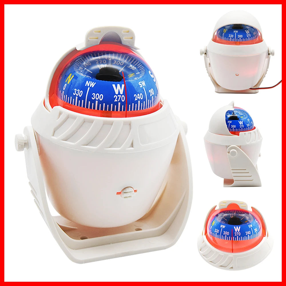 For Boat Yacht Car Waterproof Navigation Compass With Electronic LED Light White/Black Marine Sea Pivoting Marine Compass
