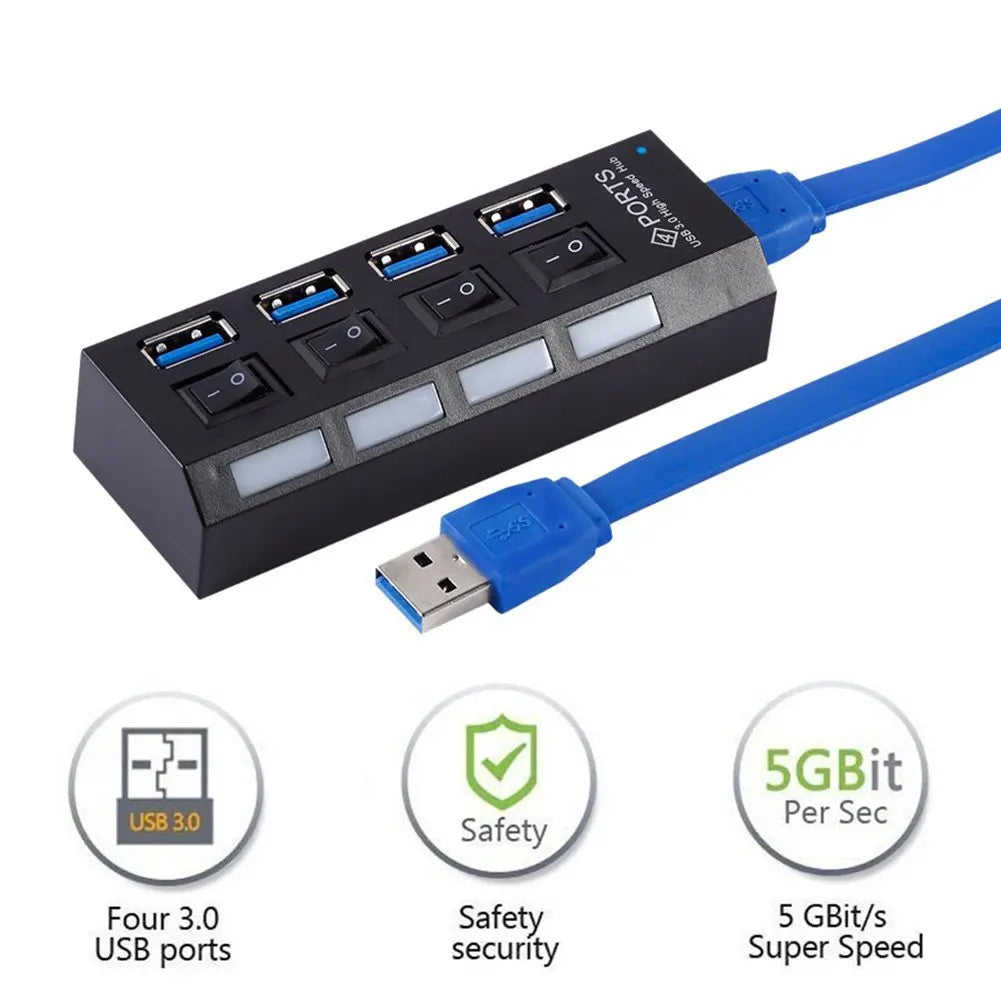 Multi Ports USB HUB 3.0 4/7 Ports Portable Super Speed 5Gbps Multiple USB Port Expander with Switches Power Adapter For PC