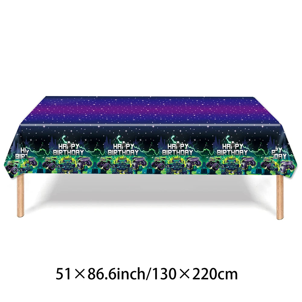 Monster Truck Party Supplies Disposable Tableware Plates Napkin Banner Tablecloth for Kids Boys 2nd Birthday Party Decorations