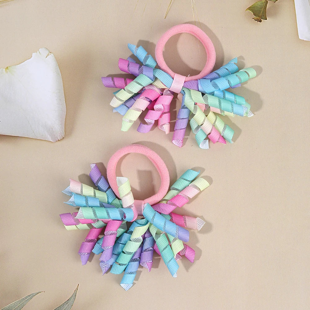 2Pcs Trendy Firework Hair Ties Rainbow Curly Ribbon Elastic Rubber Bands For Girls Kids Cute Hair Ropes Daily Hair Accessories