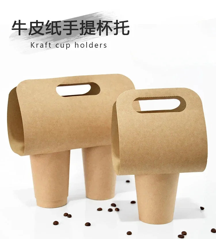 50pcs Disposable Milk Tea Handheld Cup Holder Thick Kraft Paper Takeaway Portable Package Creative Coffee Paper Cup Handle