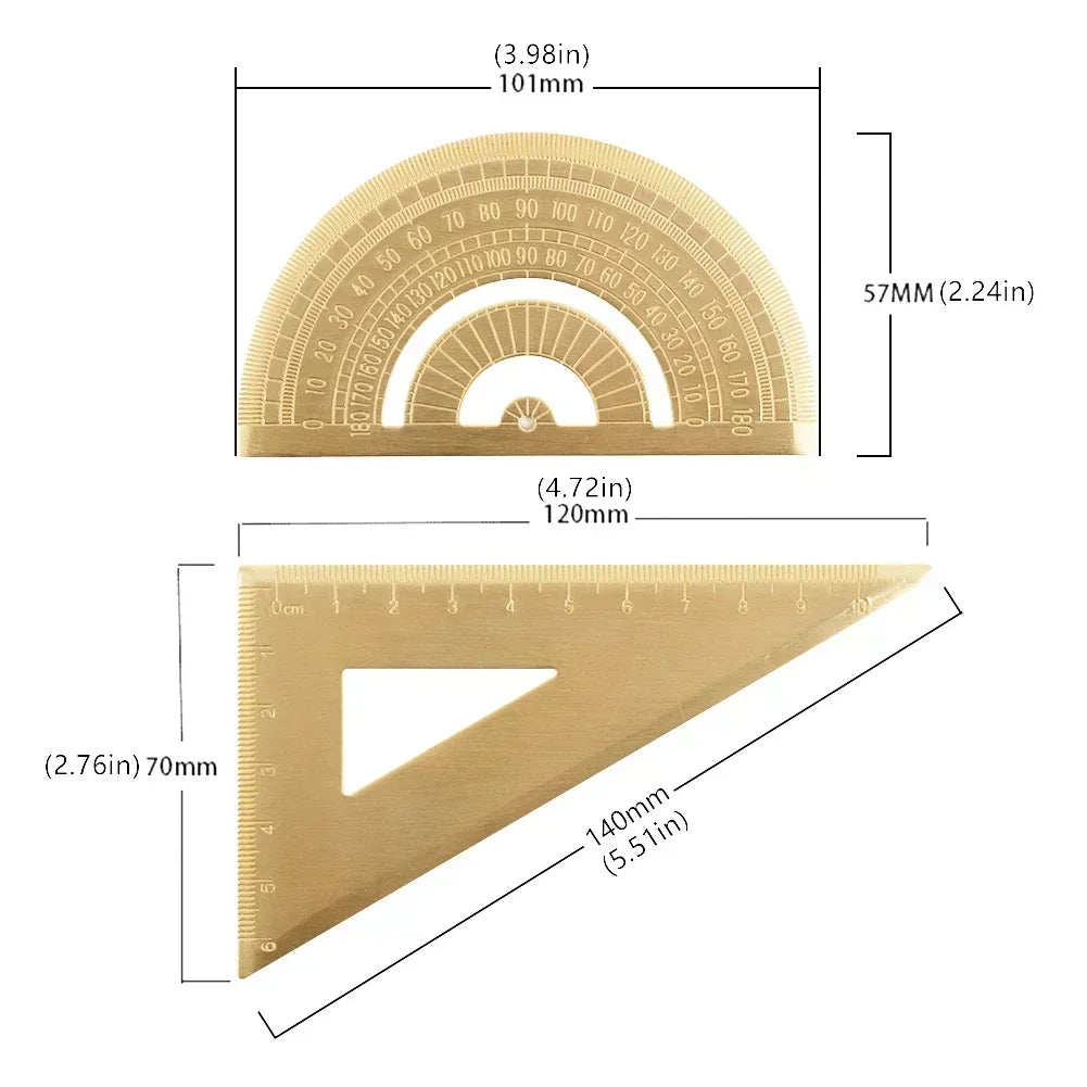 Retro Brass Straight Ruler Student School Office Stationery Metal Triangle Rulers Protractor Painting Drawing Measuring Tools