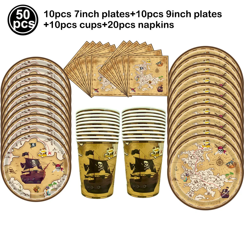 Pirate Party Paper Plate Cup Napkin Party Tableware Pirate Party Decor Pirate Ship Bone Dinnerware Supplies for Adult Kids Decor