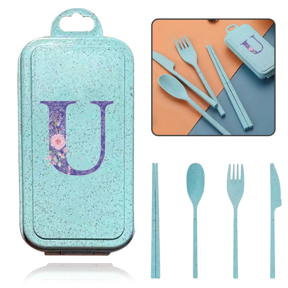 4Pcs Wheat Straw Cutlery Knife Spoon Fork Chopsticks Portable Set Plastic Detachable Dinnerware Purple Flower Letter Pattern