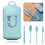 4Pcs Wheat Straw Cutlery Knife Spoon Fork Chopsticks Portable Set Plastic Detachable Dinnerware Purple Flower Letter Pattern