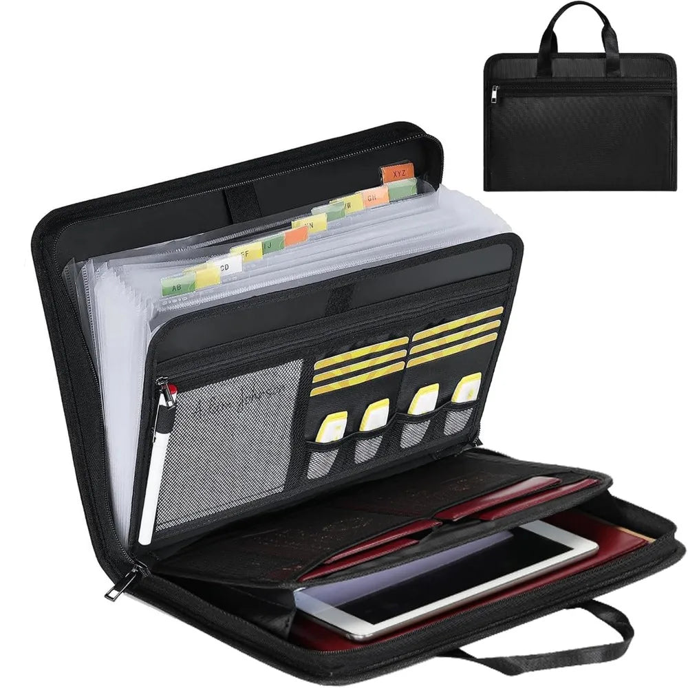 13 Pockets Accordion File Organizer Fireproof Portable Document Bag with Zipper & Labels Expanding File Folder