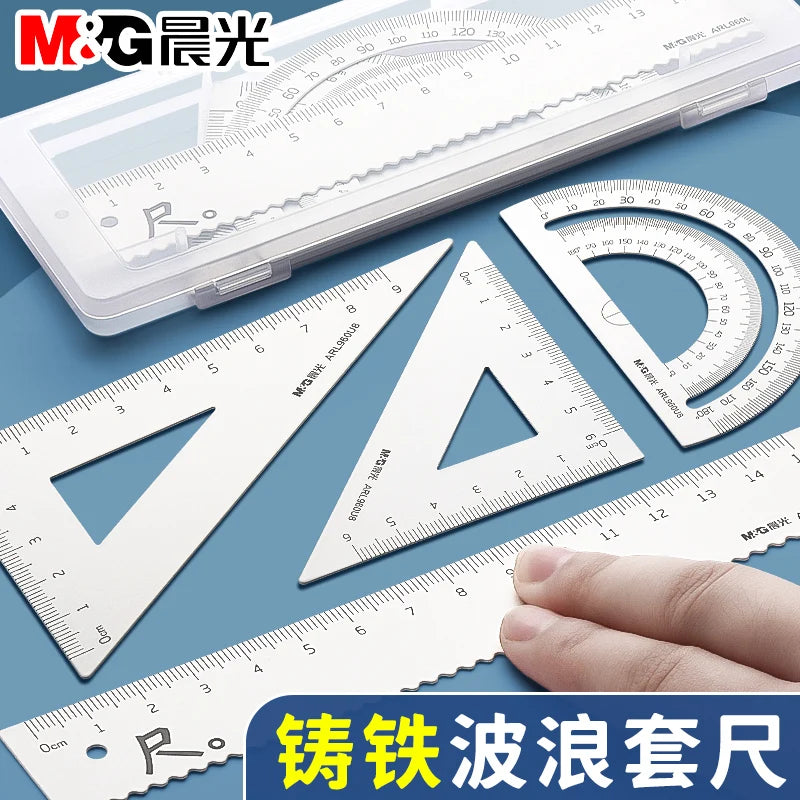 M&G Ruler Set, Cast Iron Material, Straightedge, Triangle Ruler, Protractor, Includes pp Box, Student Math Drawing Set