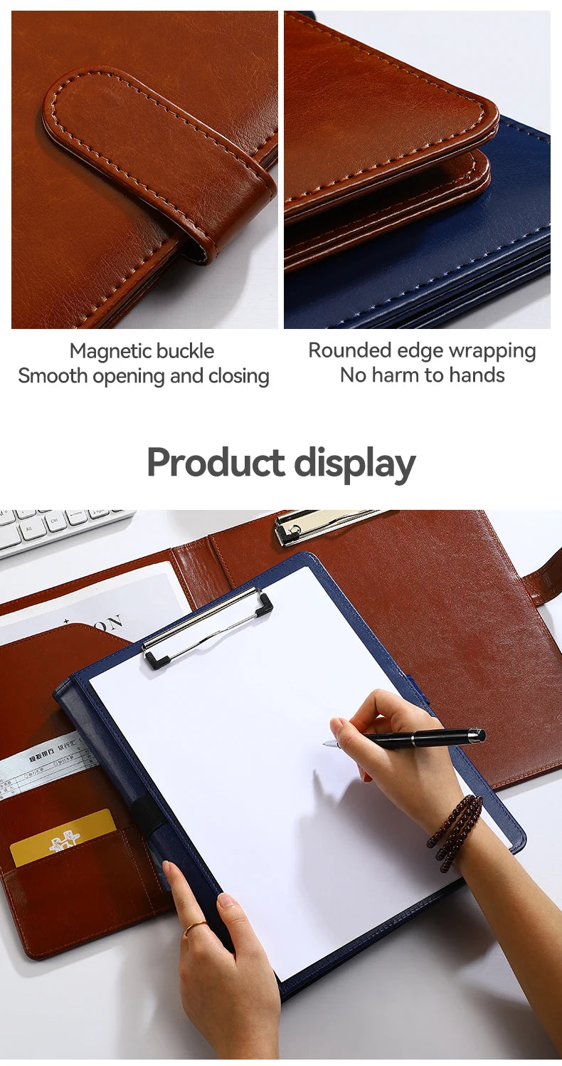 1Pc Texture PU Leather Multi-Functional Folder A4 Clip Pen Holder Card Slots - Business Office Meeting Organizer for Bank/Sales