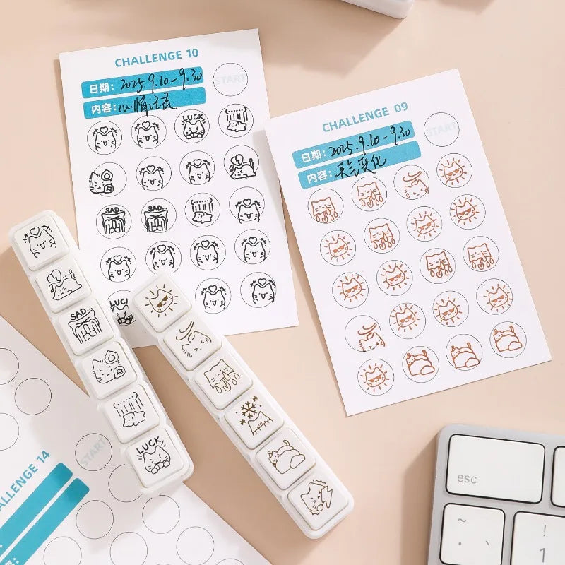Cute Cat Emoji Stamp Daily Life Work Good Mood Series Cartoon Mini Pattern Stamps for Journaling Planner Diy Scrapbooking Decor