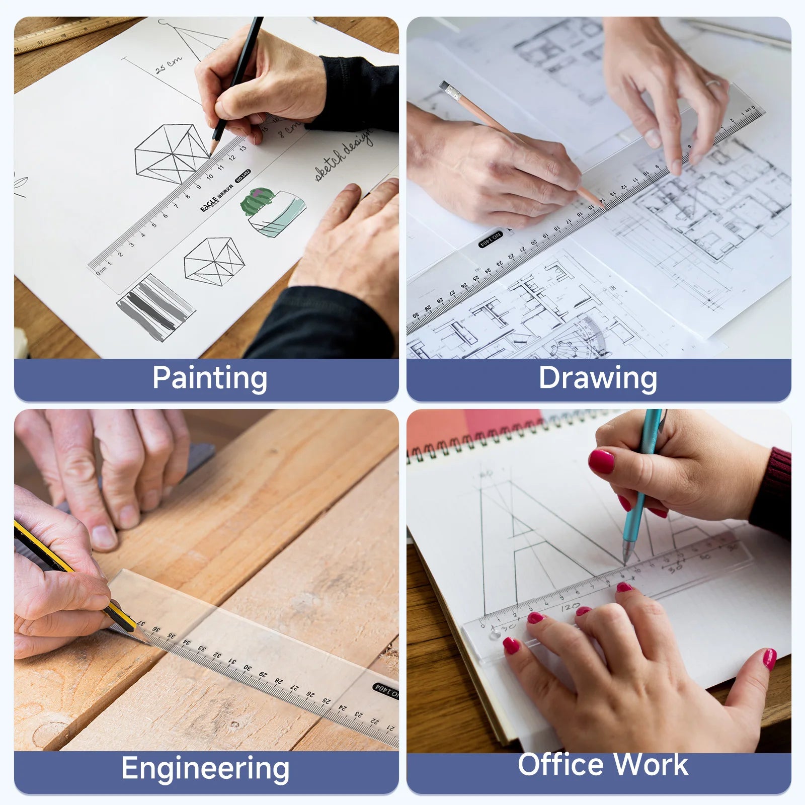 3Pcs Transparent Ruler Set 20/30/40cm, Thin & Strong Shatterproof, for Engineering Drawing, Office, School, Measurement Tools