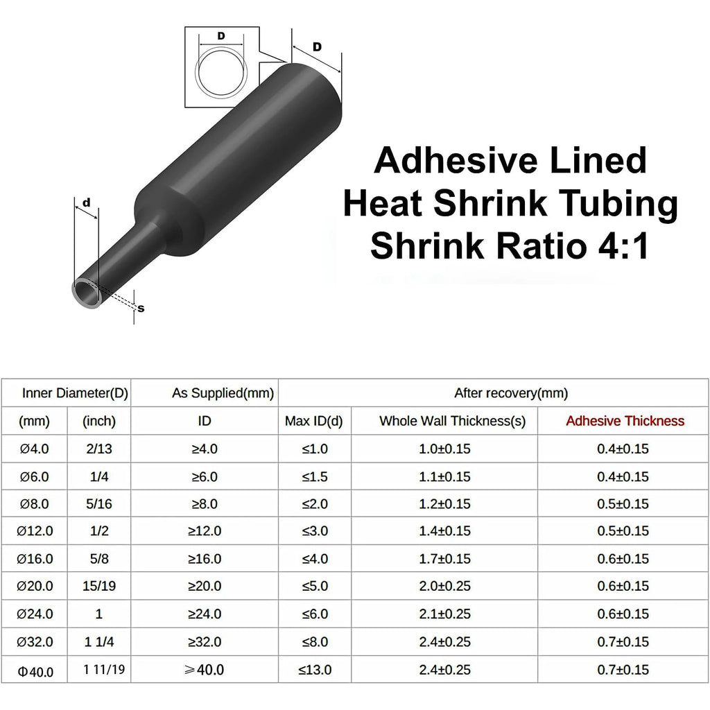 Φ4mm-Φ24mm Heat Shrink Tubing-4:1 Ratio Dual Wall Adhesive Lined Shrinkable Wire Wrap Tube Waterproof Industrial Black