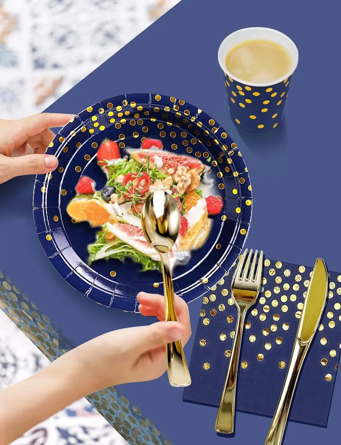 Navy Blue Gold Party Decorations Blue and Gold Disposable Tableware Set Paper Plates Cups Napkin Tablecloth Wedding Anniversary