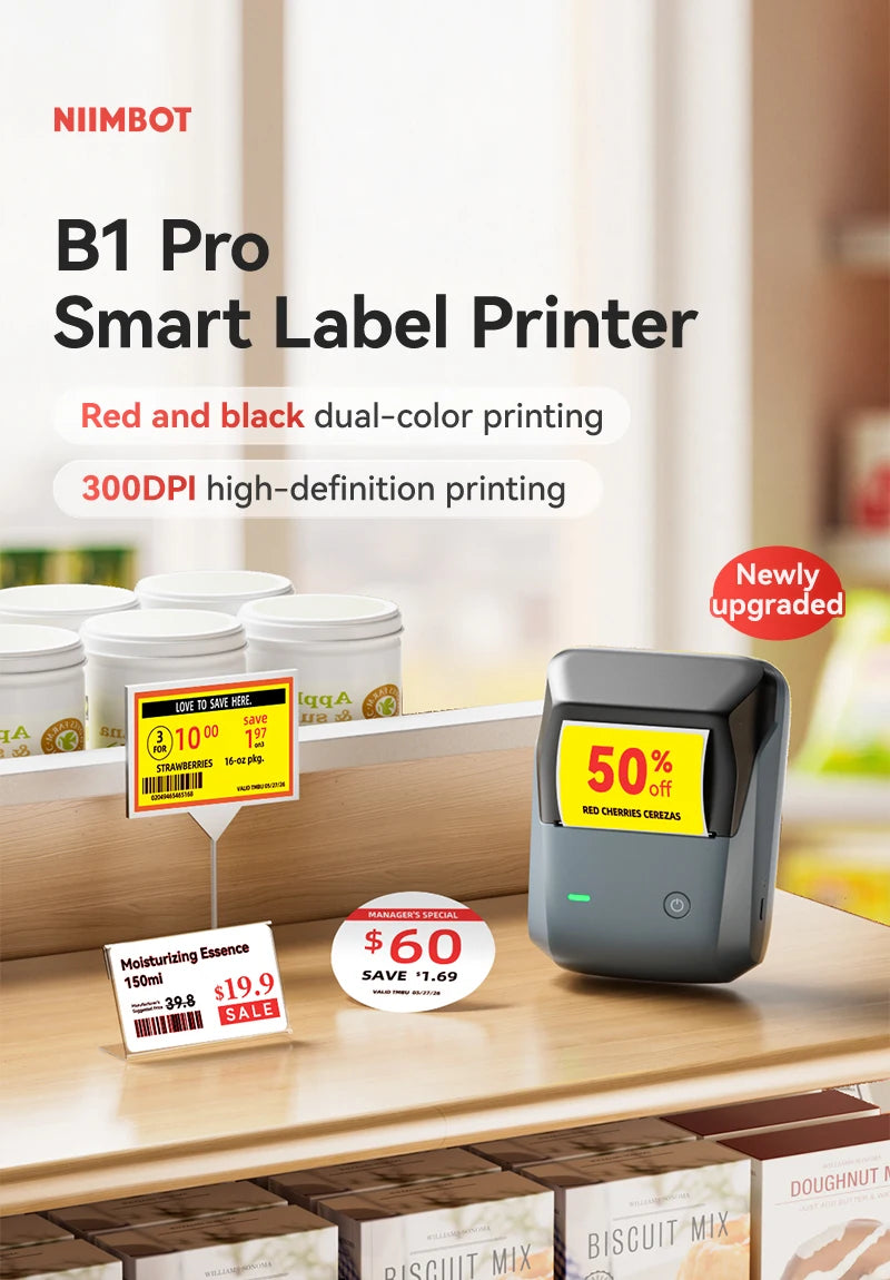 Niimbot B1 Pro Label Printer 300 DPI High-definition Red Black Color Printing Self-adhesive Photo Printing for Business Home