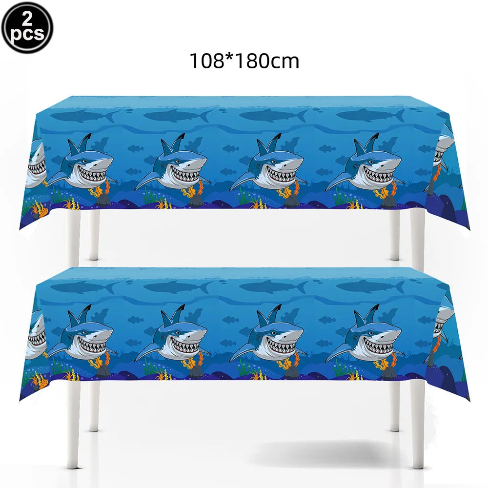 Ocean Shark Theme Disposable Tableware Cute Cartoon Marine Animal Plastic Tablecloth Kids Birthday Party Baby Shower Decor