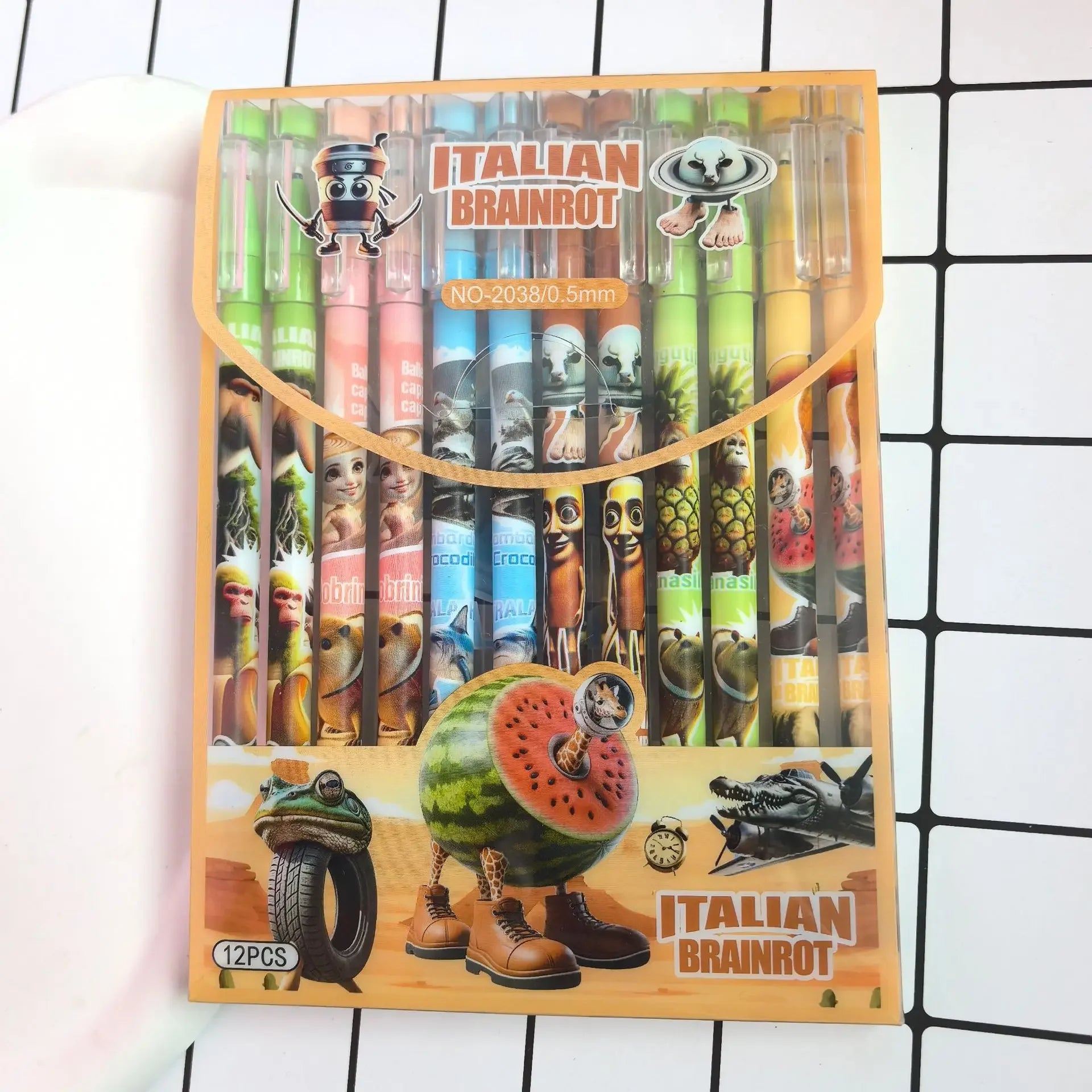 12pcs Tung Tung Sahur Italian Brainrot Wooden Stick Gel Pen Cartoon Signature Pen Individually Packaged Student Stationery Gift