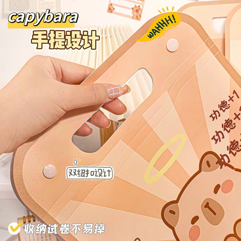 Vertical Accordion File Folder with Capybara Cartoon Print, Large Capacity for Test Papers, Student Tote Bag with Handle