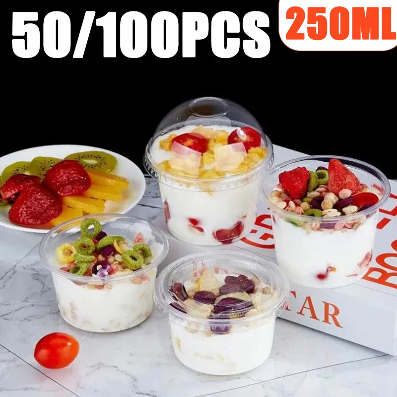 250ML Disposable Salad Cup 50/100Pcs Transparent Plastic Dessert Cups Bowls Container with Dome/Flat Lids for Ice Cream Cupcake
