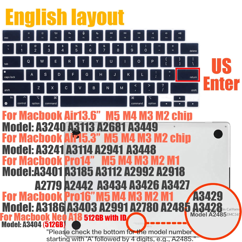 Multi-Language Keyboard Protector Compatible with for MacBook Air/Pro M5-M4 A2779,A3434,A3241 | Arabic, FR, RU, ES, IT Layouts