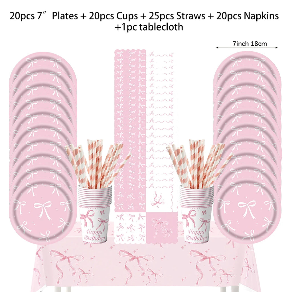 Pink bow Birthday Disposable Tableware Set Paper Plates Cups Napkins Girls Party Decoration Supplies