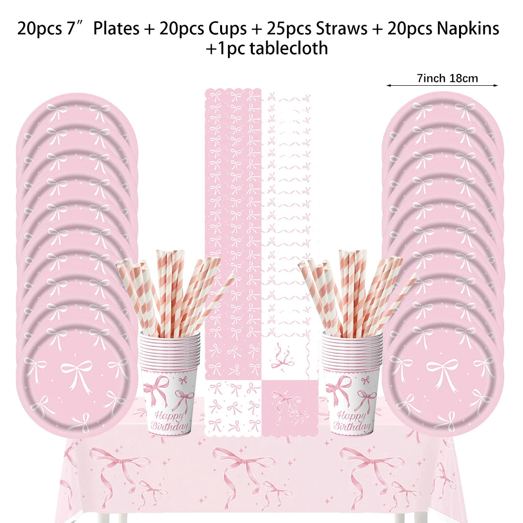 Pink bow Birthday Disposable Tableware Set Paper Plates Cups Napkins Girls Party Decoration Supplies