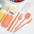 Portable Reusable Spoon Fork Travel Picnic Chopsticks Wheat Straw Tableware Cutlery Set With Carrying Box For Student Office