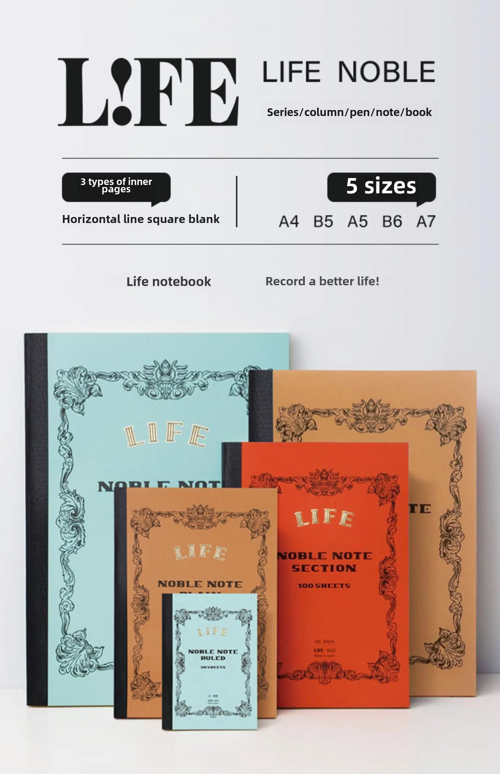 Japanese LIFE noble note section Notebook 100sheets Grid/Horizontal A4 A5 B4 B5 Pen Writing Notebook Office Stationery Supplies