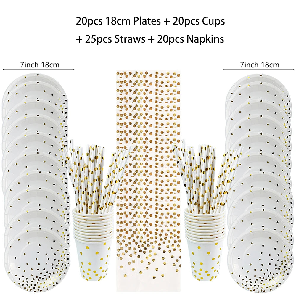 White Gold Birthday Disposable Tableware Polka Dots Paper Plate Cup Napkin Tablecloth Wedding Birthday Party Decoration Supplies