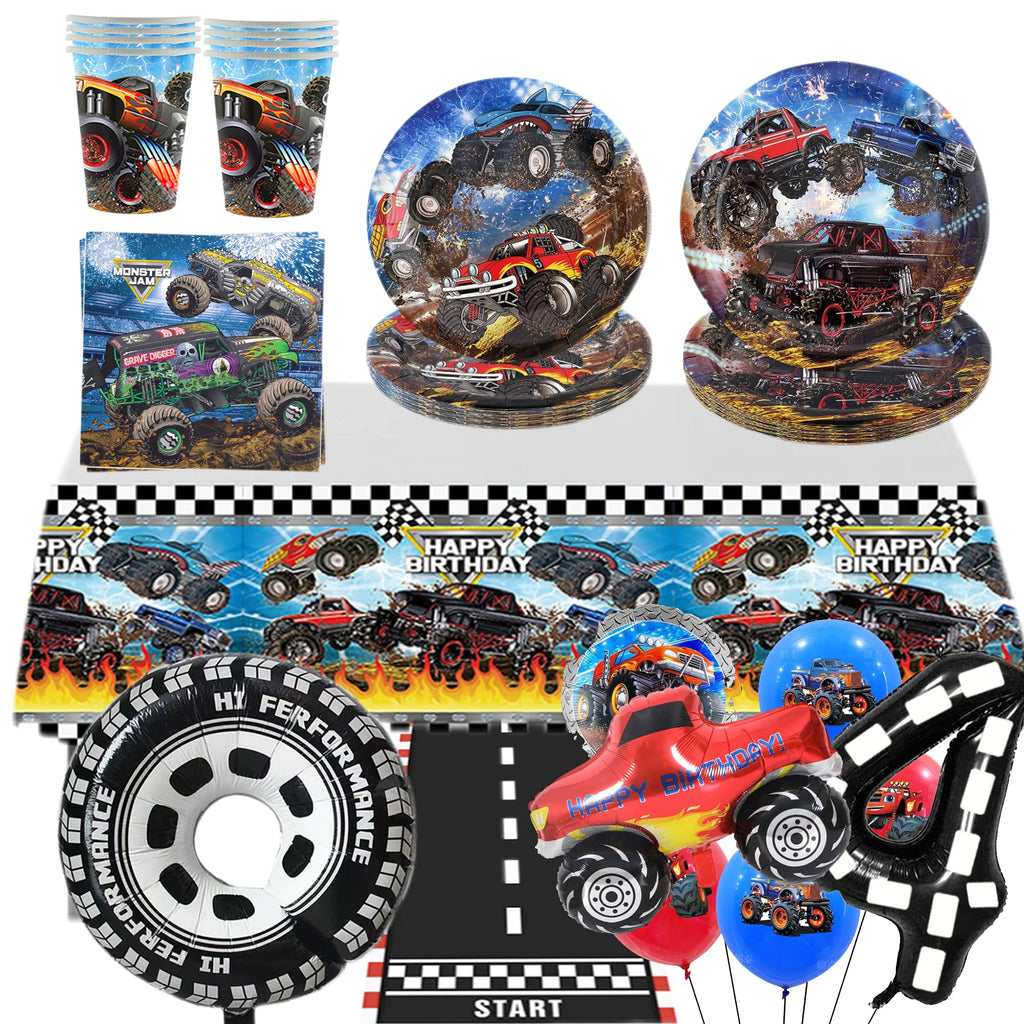 Monster Truck Party Supplies Disposable Tableware Plates Napkin Banner Tablecloth for Kids Boys 2nd Birthday Party Decorations