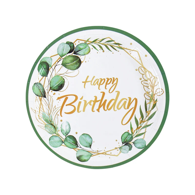 Green Eucalyptus Leaf Disposable Tableware Paper Plate Cup Napkin Banner Kids Adult Happy Birthday Birthday Party Decor Supplies