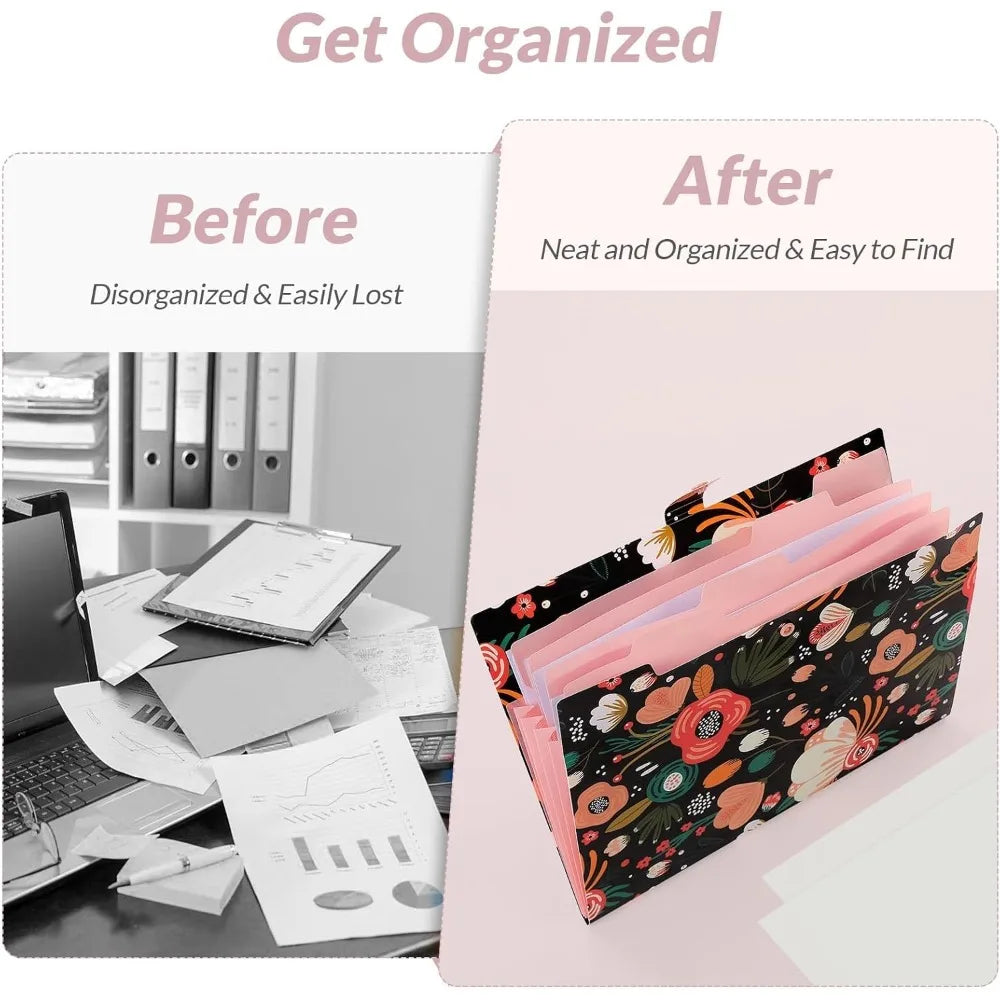 Expanding File Folder with 5 Pockets Floral Accordion Organizer for Important Documents Receipts Portable School Office Supplies Black