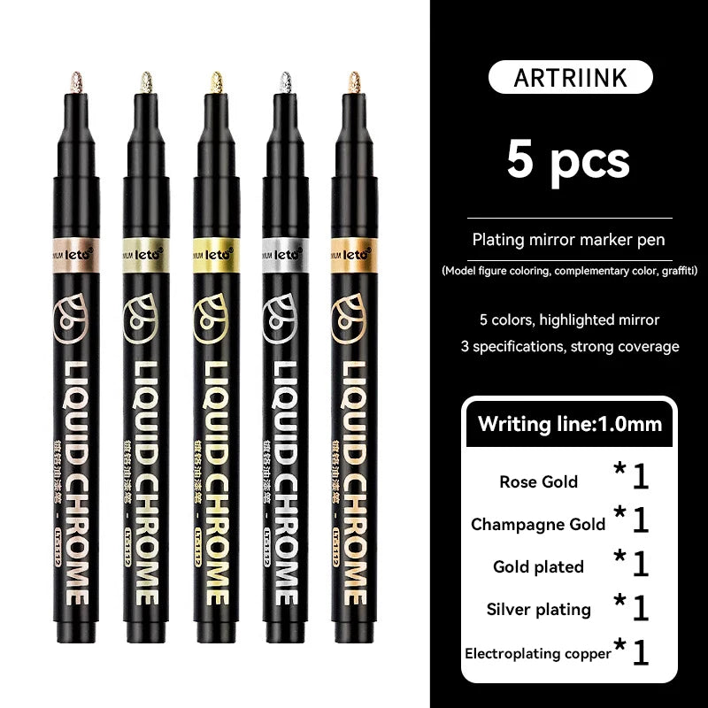 1-6pcs Chrome Pen Marker Mirror Waterproof DIY Reflective Paint Repair for Rock Ceramic Glass Metallic Gold/Silver 0.8/1/2mm Nib