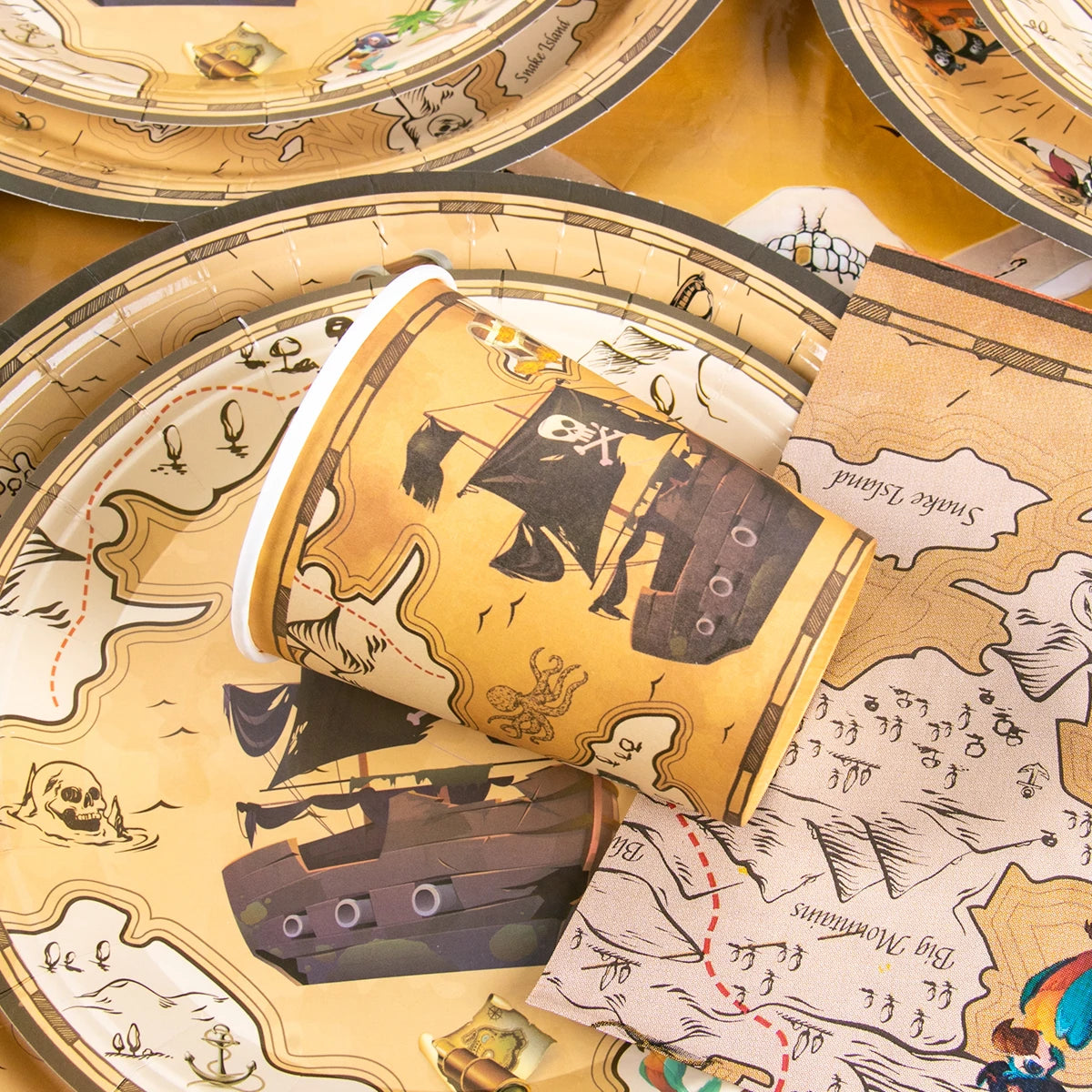 Pirate Theme Disposable Tableware Treasure Map Ship Paper Plate Cup Tablecloth Kids Pirate Birthday Party Decoration Supplies