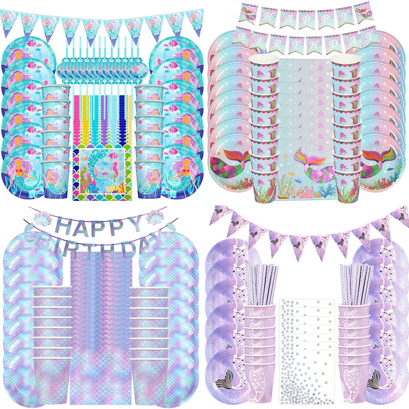Mermaid Party Decorations Supplies Mermaid Disposable Plates Cup Napkins Set for Girls Baby Shower Mermaids Princess Birthday