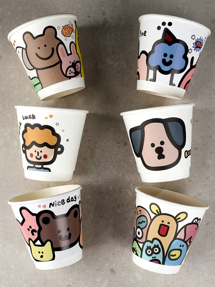 25pcs 90 Caliber Disposable Coffee Cups Fresh Milk Hot Drink Thickened Cartoon Paper Cup Milk Tea Takeaway Packag Cup with Lid