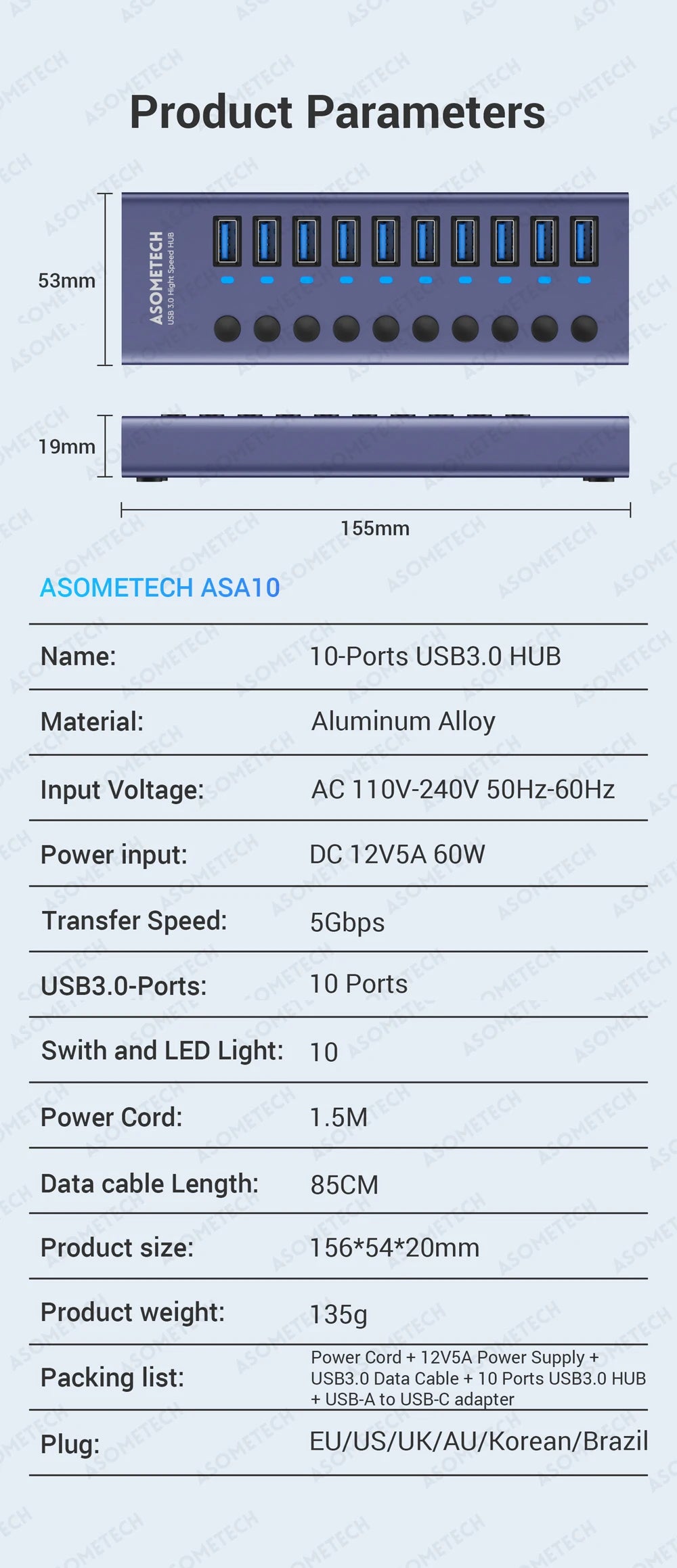 4/7/10 Ports USB 3.0 Hub Multiple Splitter 12V Power Adapter with On/off Switch USB Splitter High Speed Hub for MacBook Laptop