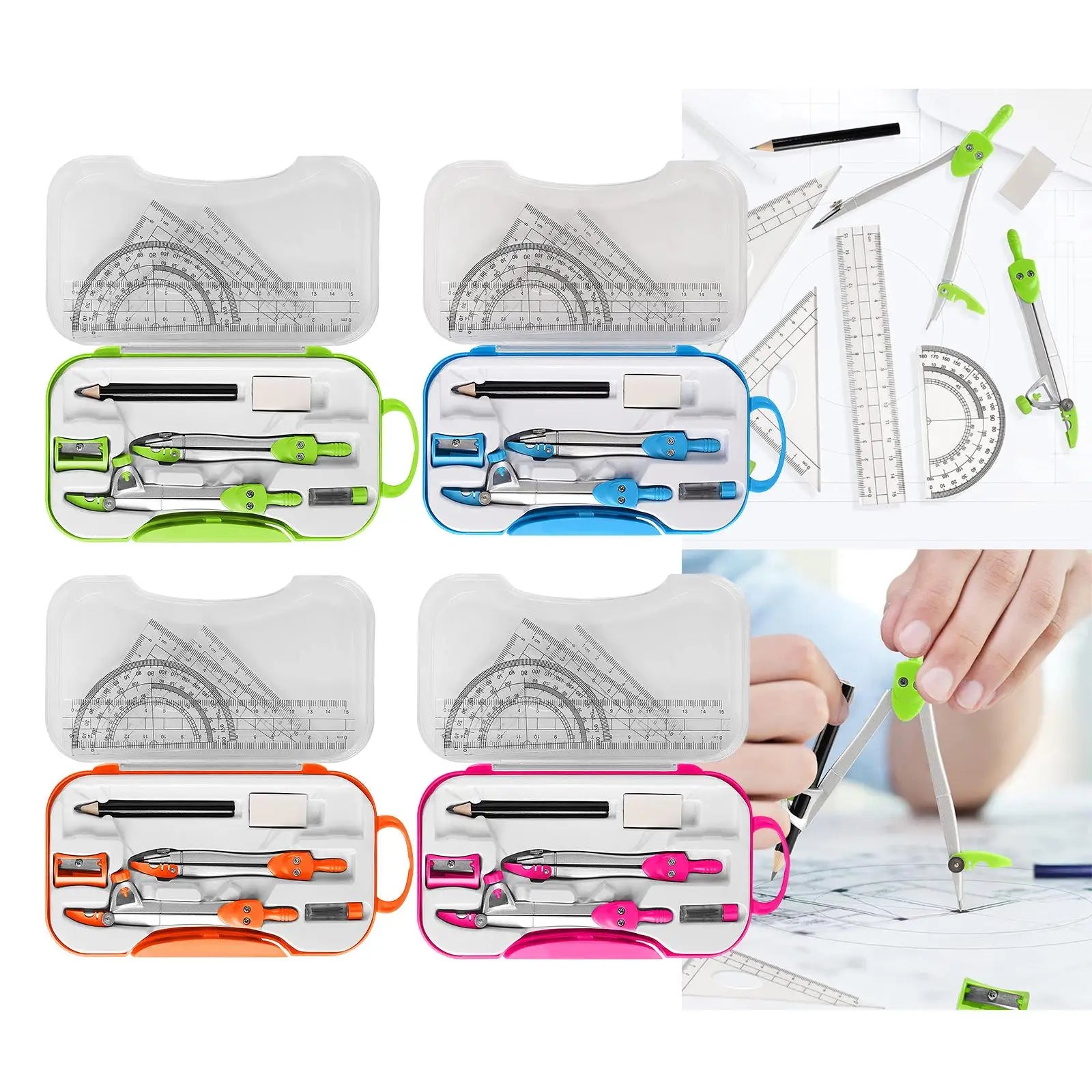 Math Geometry Kit Set Protractor Ruler Pencil with Case Eraser Drawing Supplies Teachers