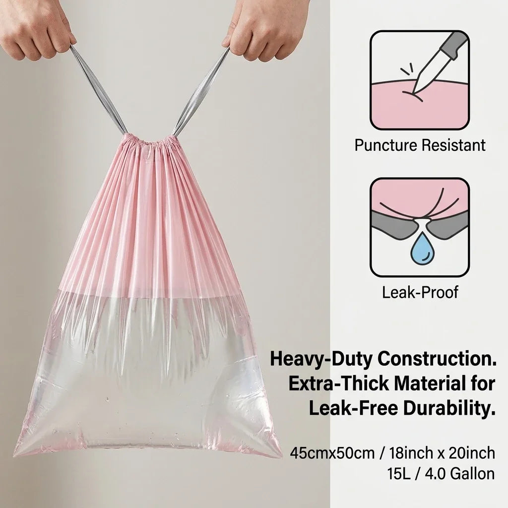 Pink Drawstring Trash Bags, Thickened Leakproof Tear Resistant Easy Tie Odor Resistant for Kitchen Bathroom Office Daily Home Use Households Busy Families Small Trash Can Liners Household Cleaning Garbage Bags