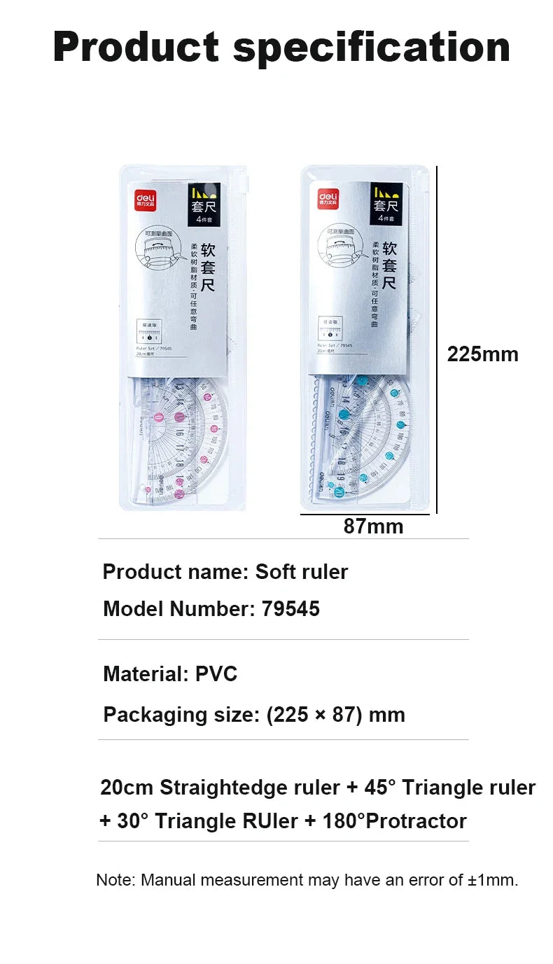 Deli Transparen Soft Ruler Set 4 in 1 Plastic Rulers for Student Drawing Mathematical Geometry School Stationery Curve Ruler